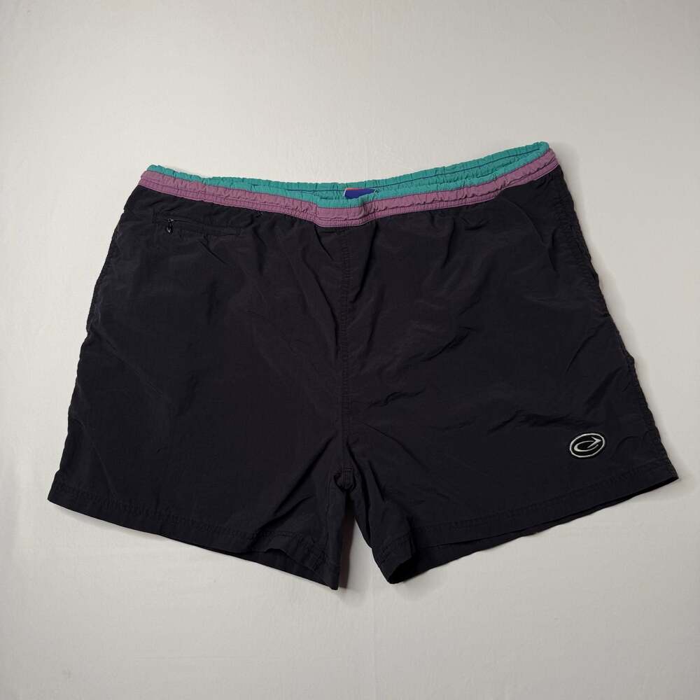Vintage Bike Athletic Nylon Swim Trunks Shorts Black Teal Purple Size L